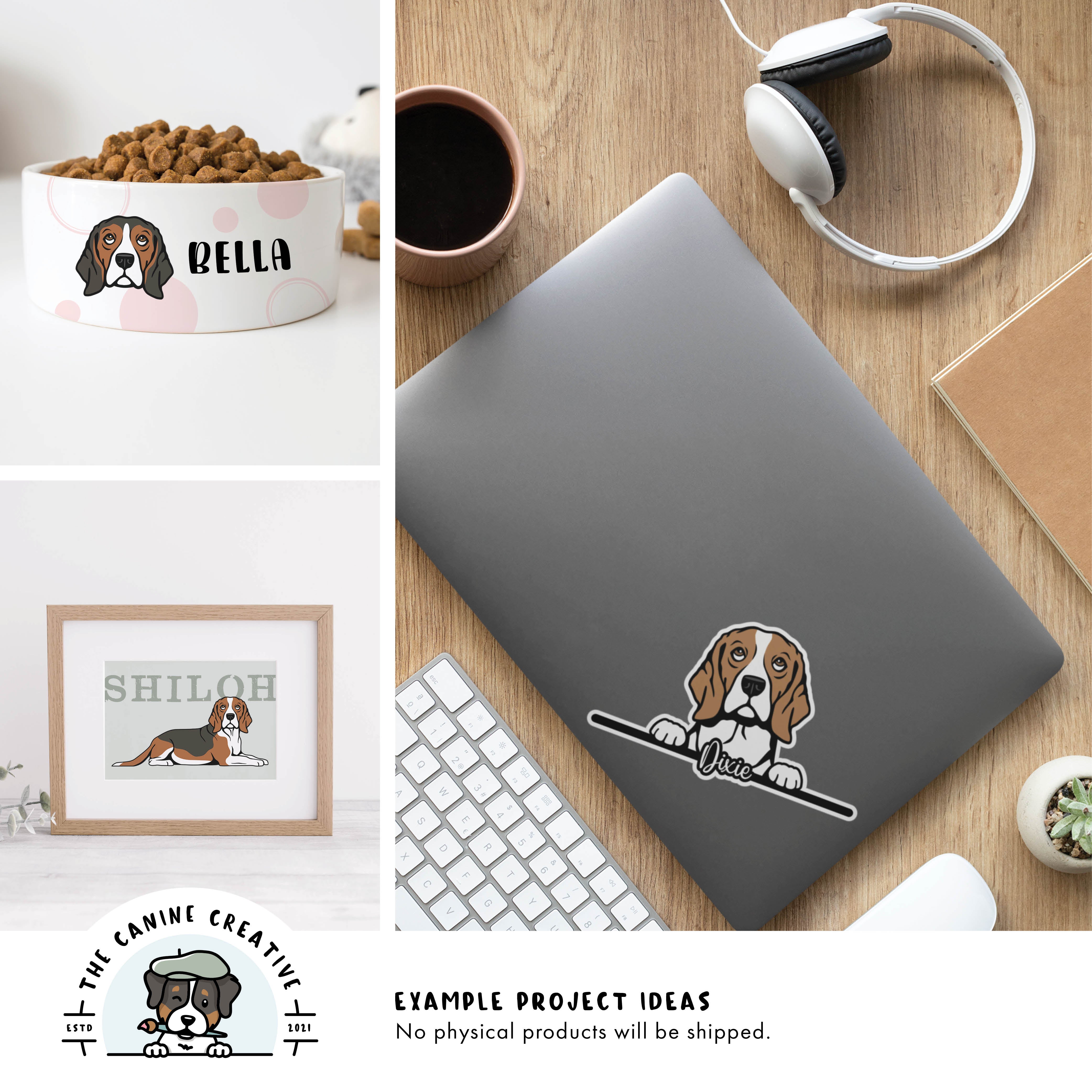 Example project ideas showing designs on a dog food bowl, as framed art, and a sticker on a laptop.